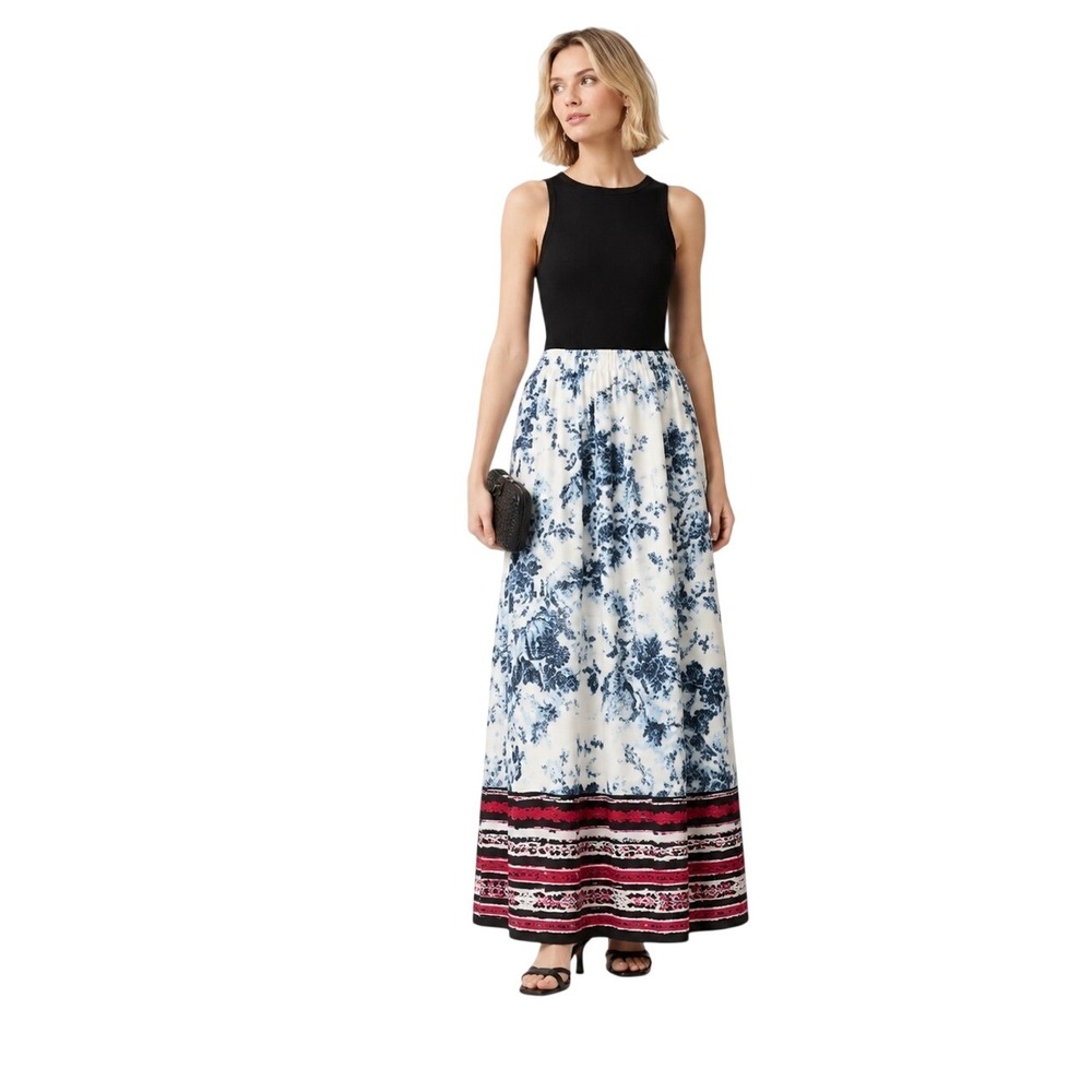 ATSU Anthropologie Maxi Dress 4P Petite Floral Mixed Media Beaded Neck